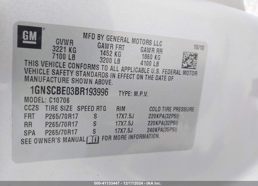 2011 CHEVROLET TAHOE LT VIN: 1GNSCBE03BR193996