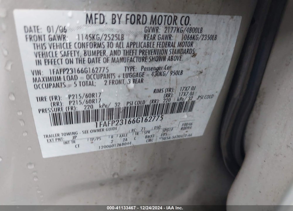 2006 FORD FIVE HUNDRED SE VIN: 1FAFP23166G162775