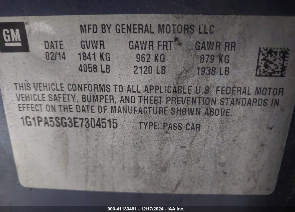 2014 CHEVROLET CRUZE VIN: 1G1PA5SG3E7304515