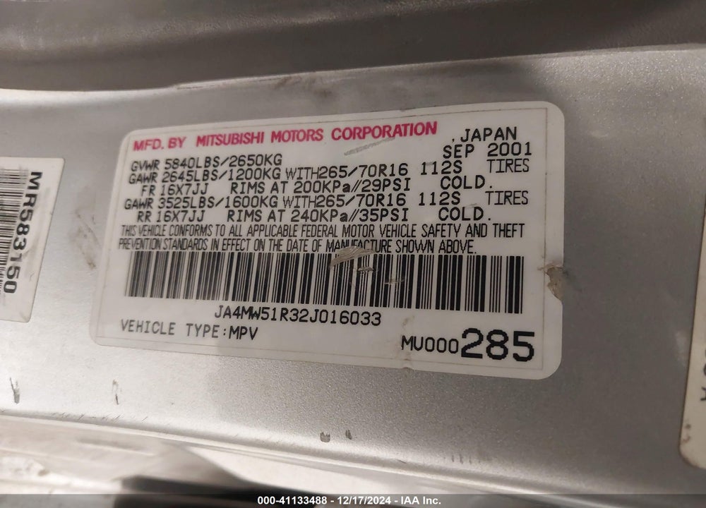 2002 MITSUBISHI MONTERO LIMITED VIN: JA4MW51R32J016033