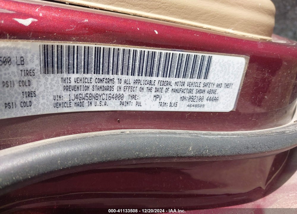 2000 JEEP GRAND CHEROKEE LIMITED VIN: 1J4GW58N8YC164000