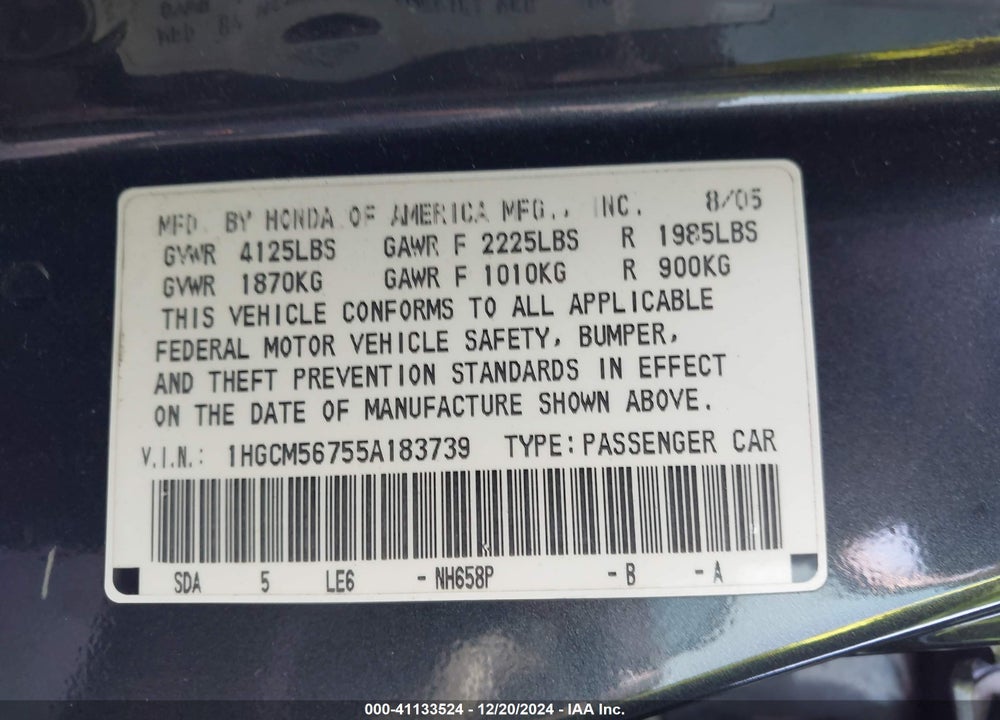 2005 HONDA ACCORD 2.4 EX VIN: 1HGCM56755A183739