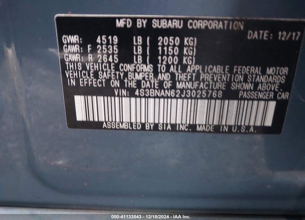 2018 SUBARU LEGACY 2.5I LIMITED VIN: 4S3BNAN62J3025768