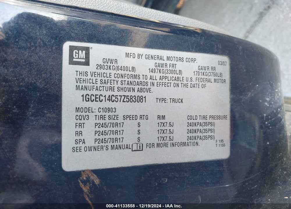 2007 CHEVROLET SILVERADO VIN: 1GCEC14C57Z583081