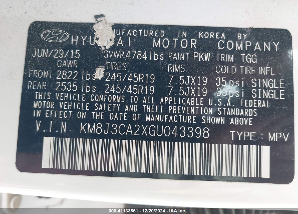 2016 HYUNDAI TUCSON VIN: KM8J3CA2XGU043398