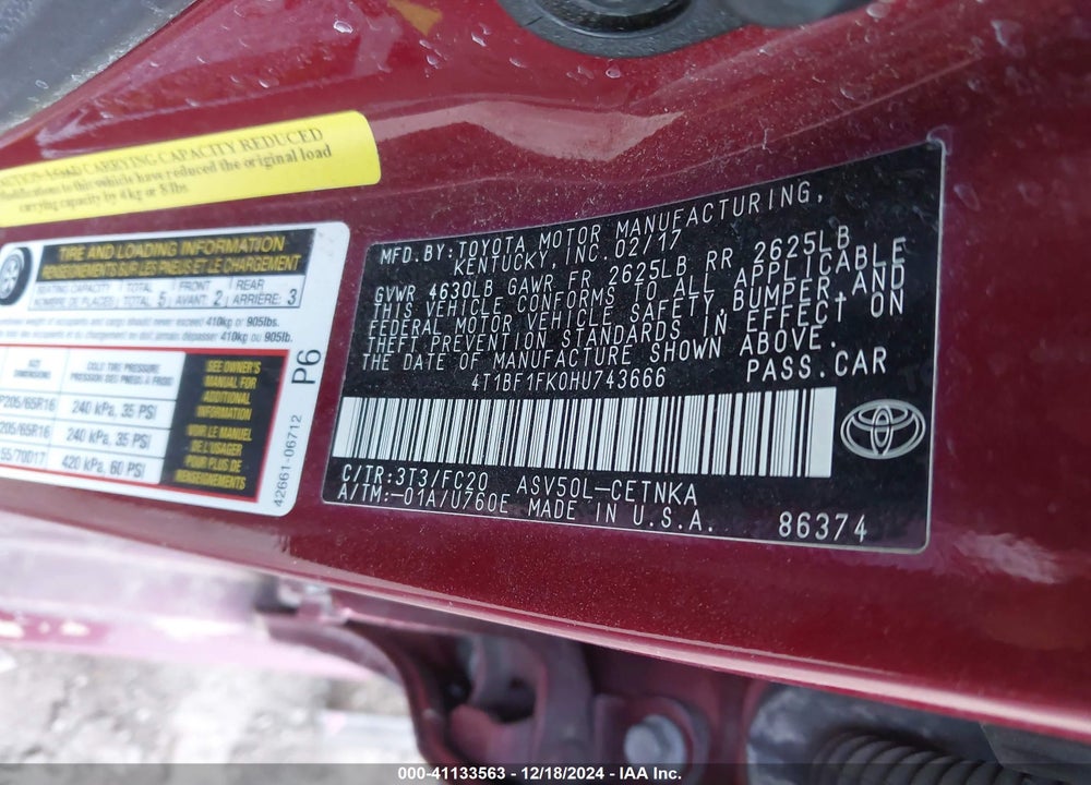 2017 TOYOTA CAMRY LE VIN: 4T1BF1FK0HU743666