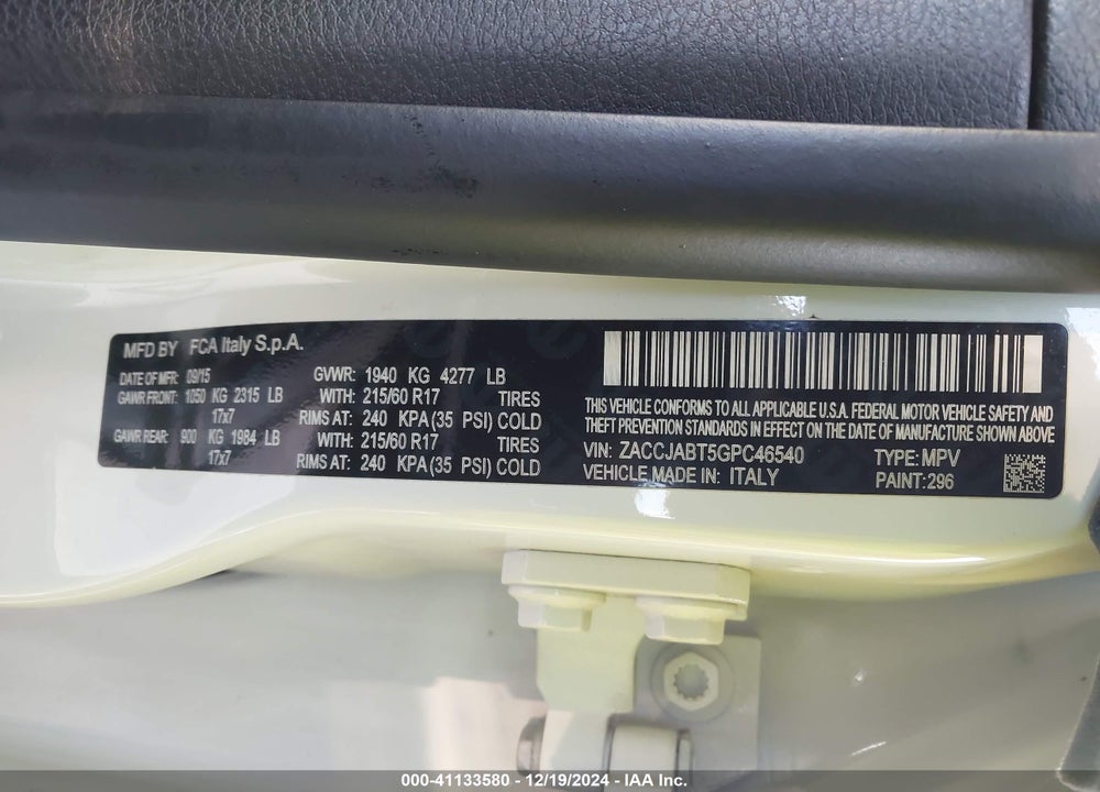 2016 JEEP RENEGADE LATITUDE VIN: ZACCJABT5GPC46540