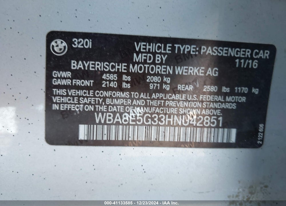 2017 BMW 320I VIN: WBA8E5G33HNU42851