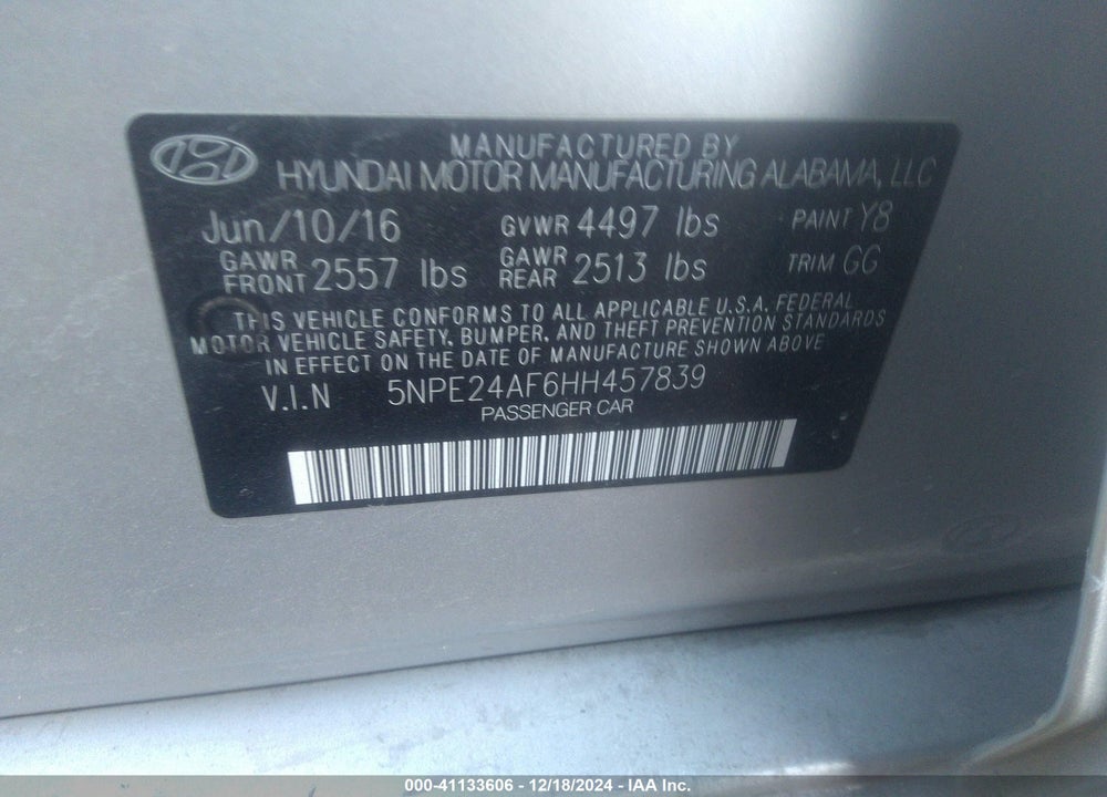 2017 HYUNDAI SONATA VIN: 5NPE24AF6HH457839