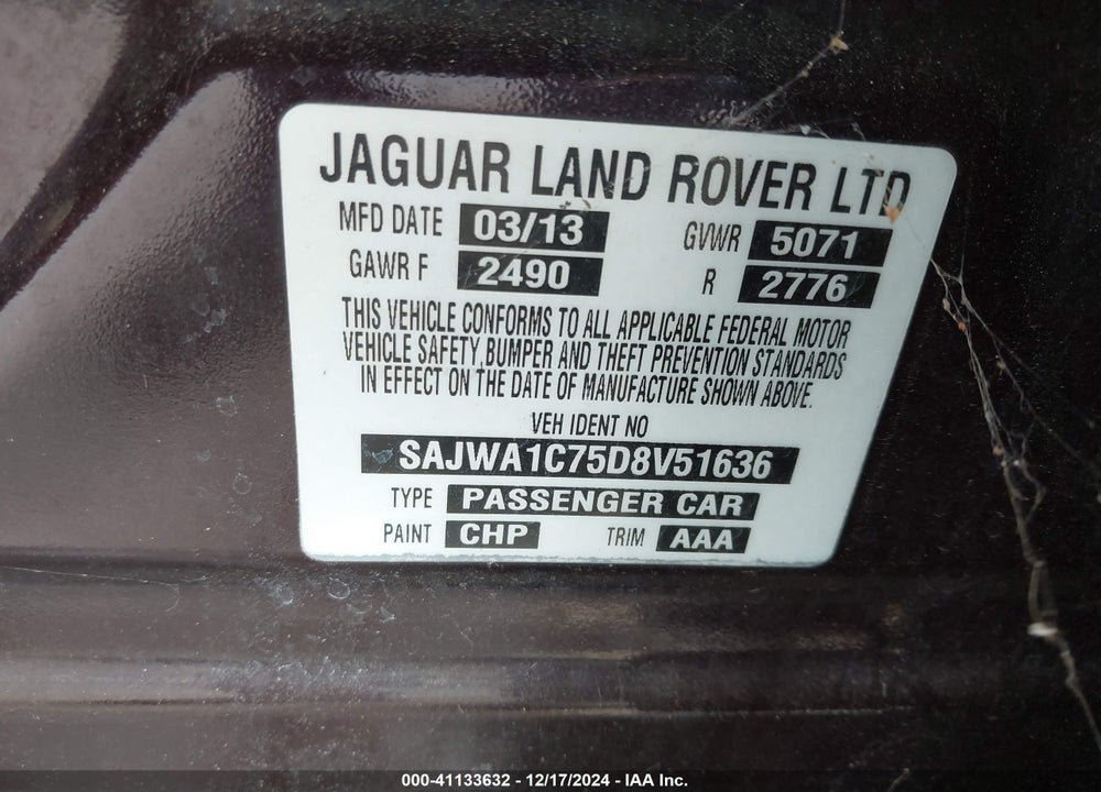 2013 JAGUAR XJ VIN: SAJWA1C75D8V51636