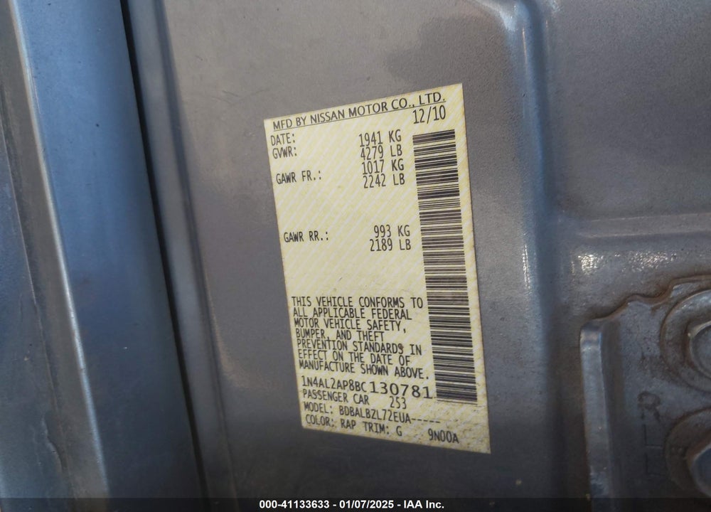 2011 NISSAN ALTIMA VIN: 1N4AL2AP8BC130781