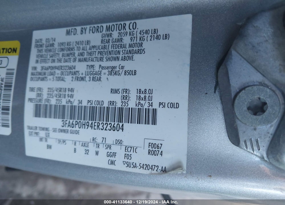 2014 FORD FUSION SE VIN: 3FA6P0H94ER323604