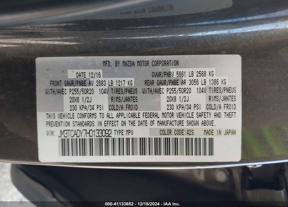 2017 MAZDA CX-9 GRAND TOURING VIN: JM3TCADY7H0133092