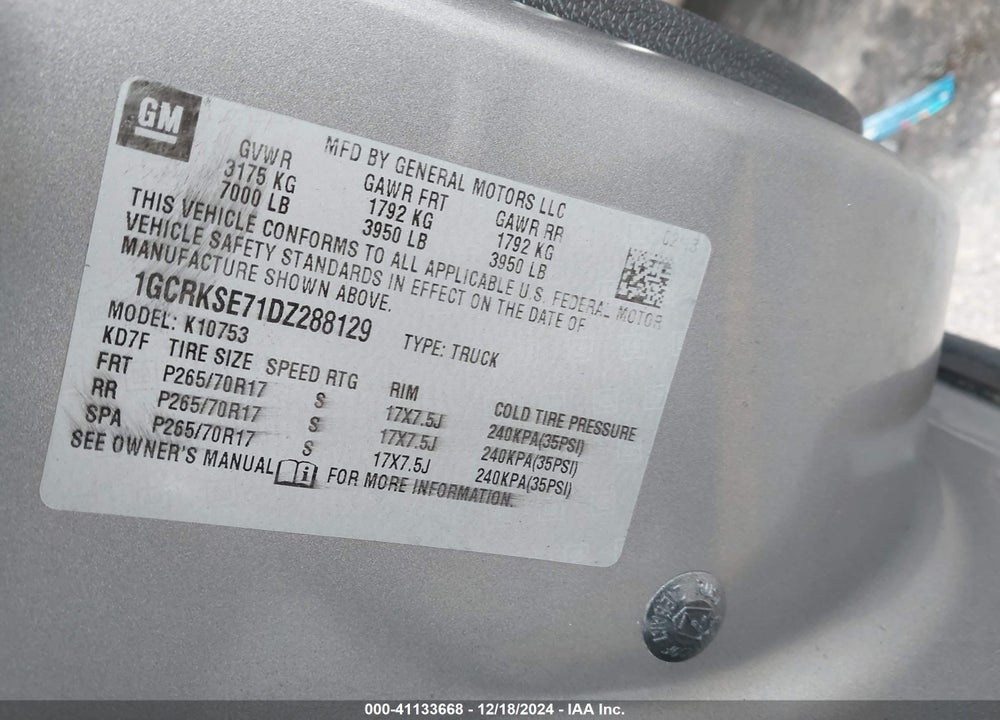 2013 CHEVROLET SILVERADO VIN: 1GCRKSE71DZ288129
