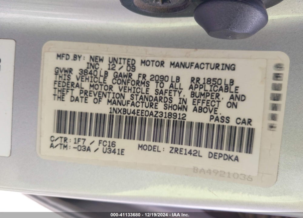 2010 TOYOTA COROLLA VIN: 1NXBU4EE0AZ318912