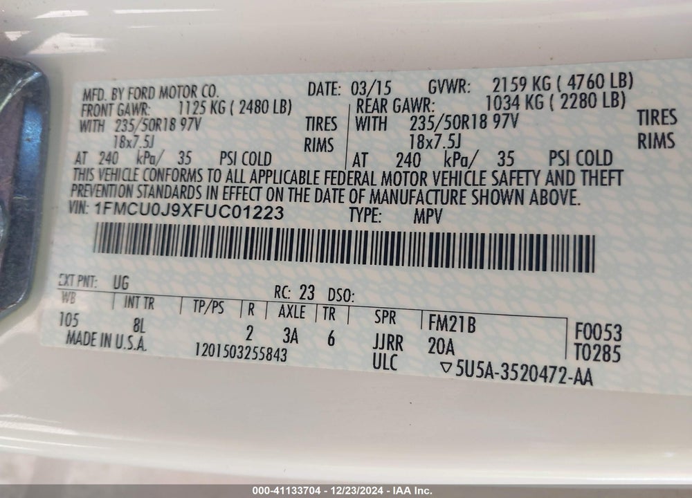 2015 FORD ESCAPE TITANIUM VIN: 1FMCU0J9XFUC01223