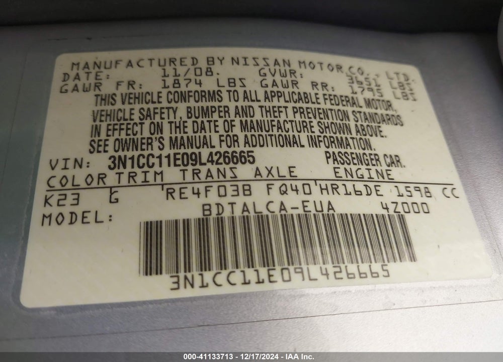 2009 NISSAN VERSA 1.6 VIN: 3N1CC11E09L426665