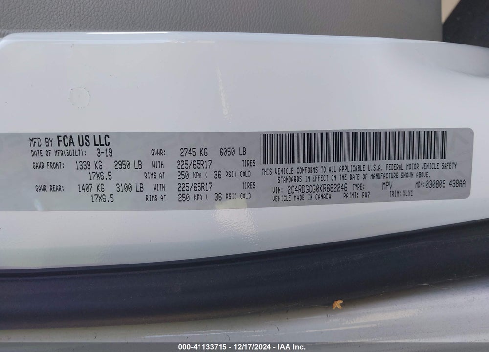 2019 DODGE GRAND CARAVAN SXT VIN: 2C4RDGCG0KR662246