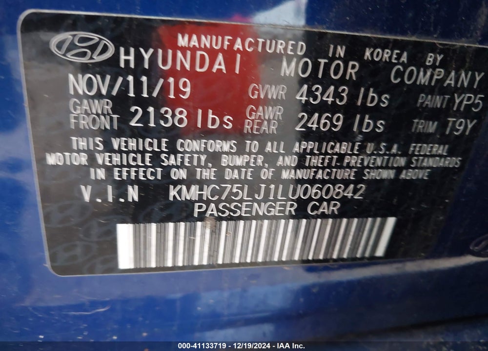 2020 HYUNDAI IONIQ ELECTRIC SE VIN: KMHC75LJ1LU060842