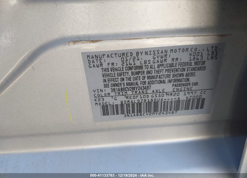 2021 NISSAN SENTRA VIN: 3N1AB8CV2MY243487
