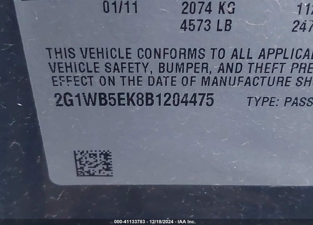 2011 CHEVROLET IMPALA LT VIN: 2G1WB5EK8B1204475