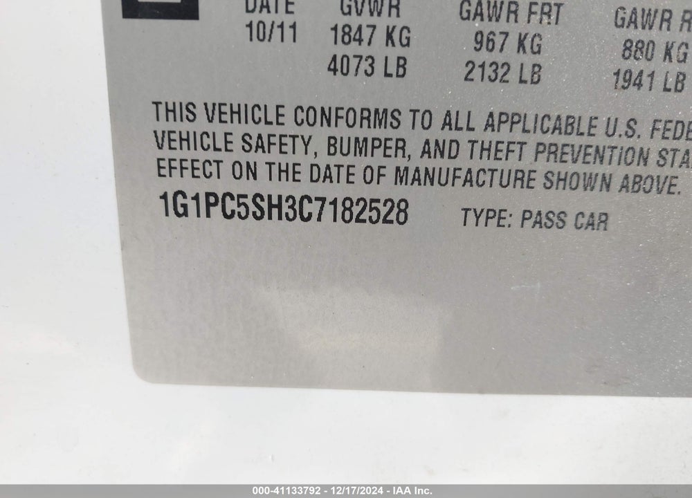 2012 CHEVROLET CRUZE LS VIN: 1G1PC5SH3C7182528