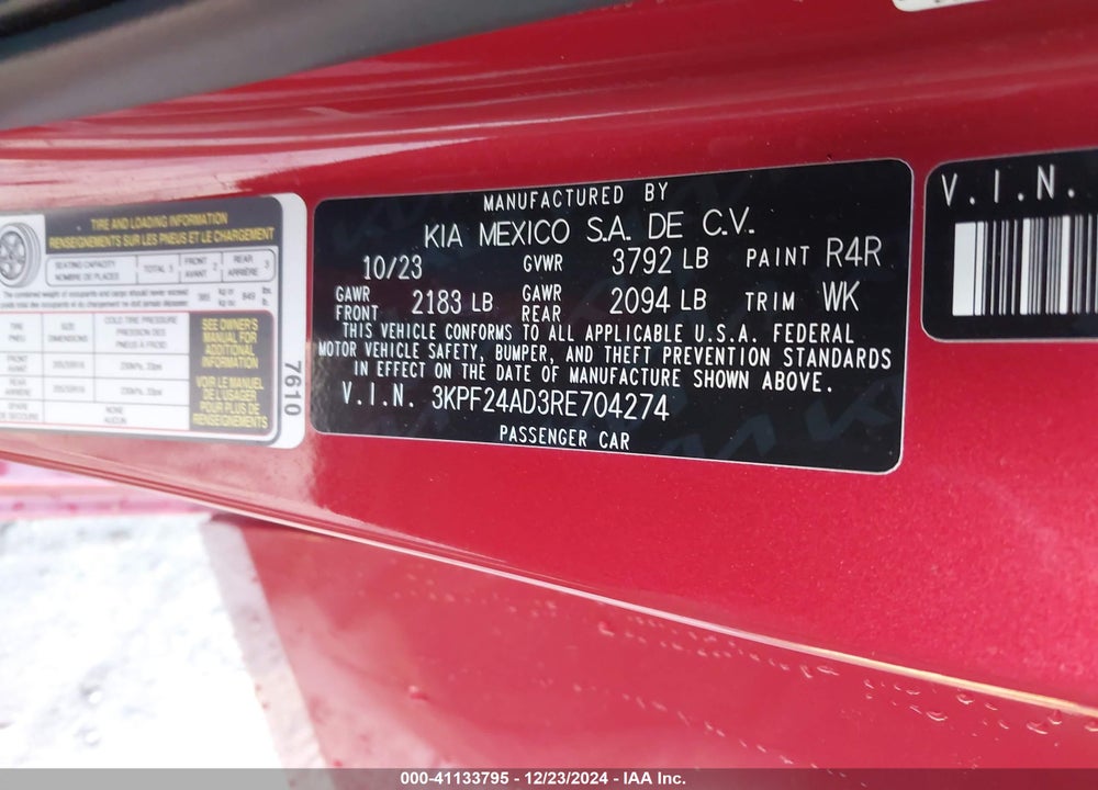 2024 KIA FORTE LXS VIN: 3KPF24AD3RE704274
