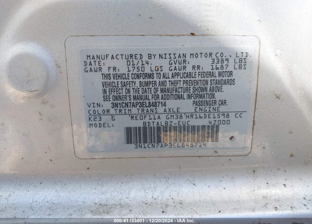 2014 NISSAN VERSA 1.6 SV VIN: 3N1CN7AP3EL848714