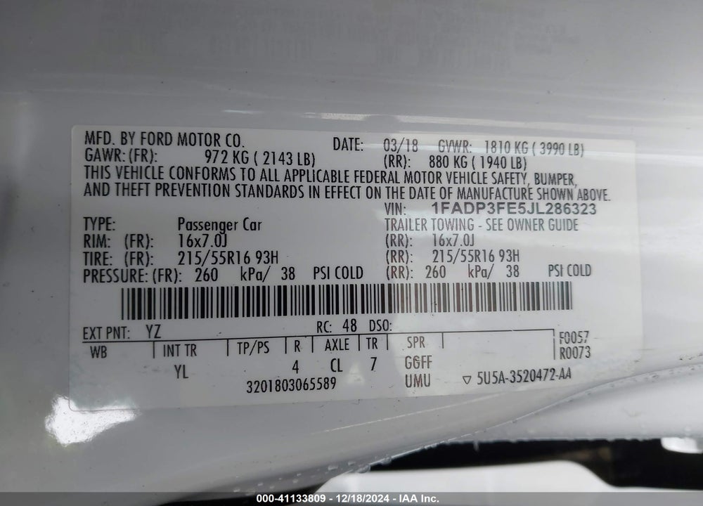 2018 FORD FOCUS SE VIN: 1FADP3FE5JL286323