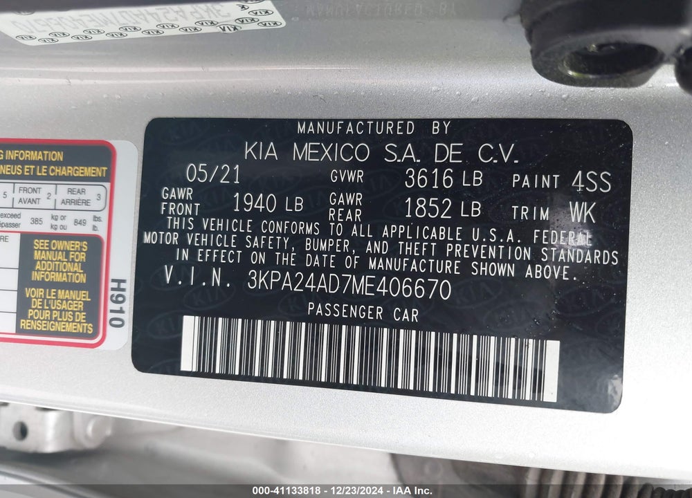 2021 KIA RIO LX VIN: 3KPA24AD7ME406670