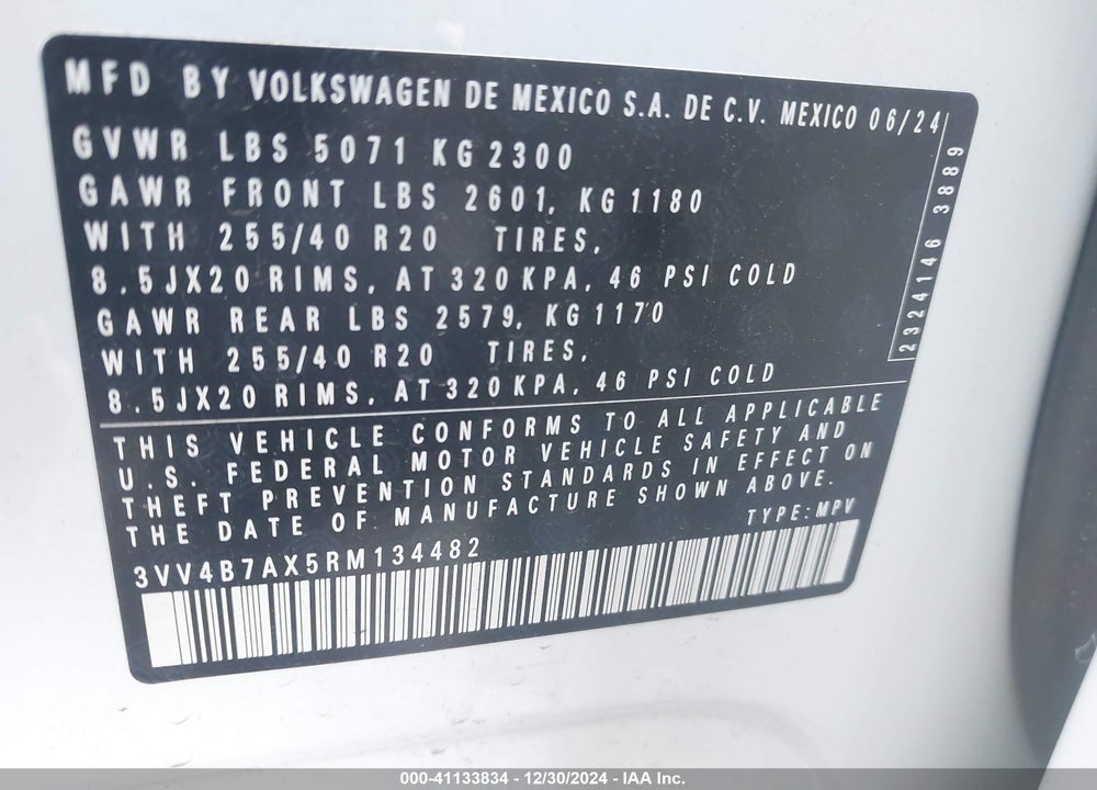 2024 VOLKSWAGEN TIGUAN 2.0T SEL R-LINE VIN: 3VV4B7AX5RM134482