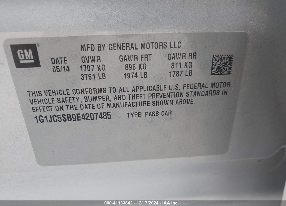 2014 CHEVROLET SONIC LT AUTO VIN: 1G1JC5SB9E4207485