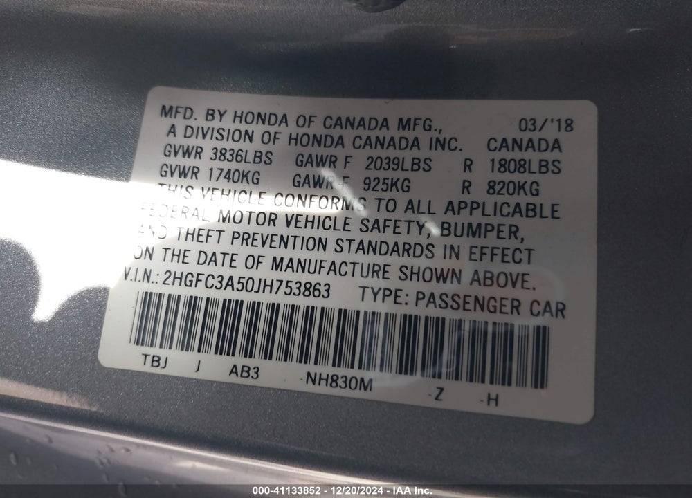 2018 HONDA CIVIC SI VIN: 2HGFC3A50JH753863