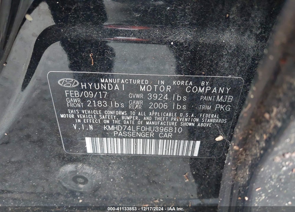 2017 HYUNDAI ELANTRA SE VIN: KMHD74LF0HU396810