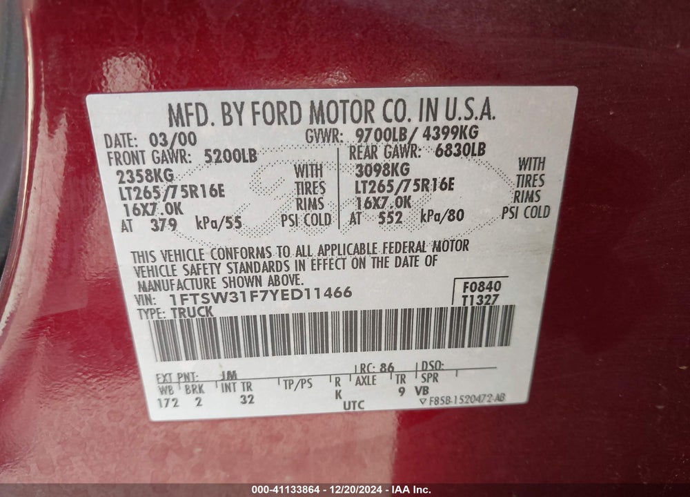 2000 FORD F-350 LARIAT/XL/XLT VIN: 1FTSW31F7YED11466