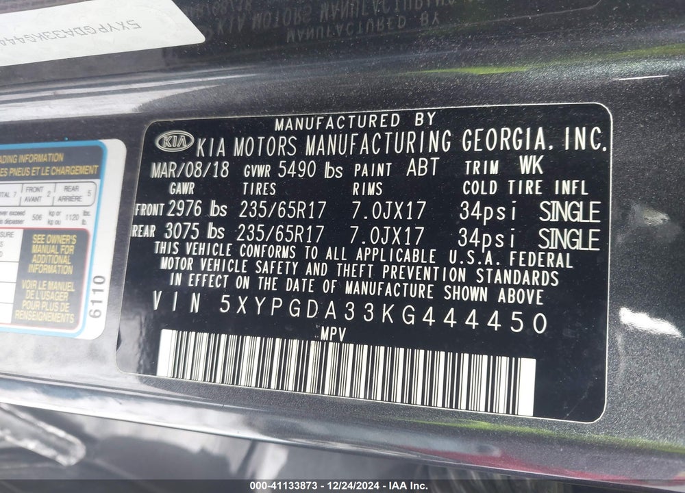 2019 KIA SORENTO VIN: 5XYPGDA33KG444450