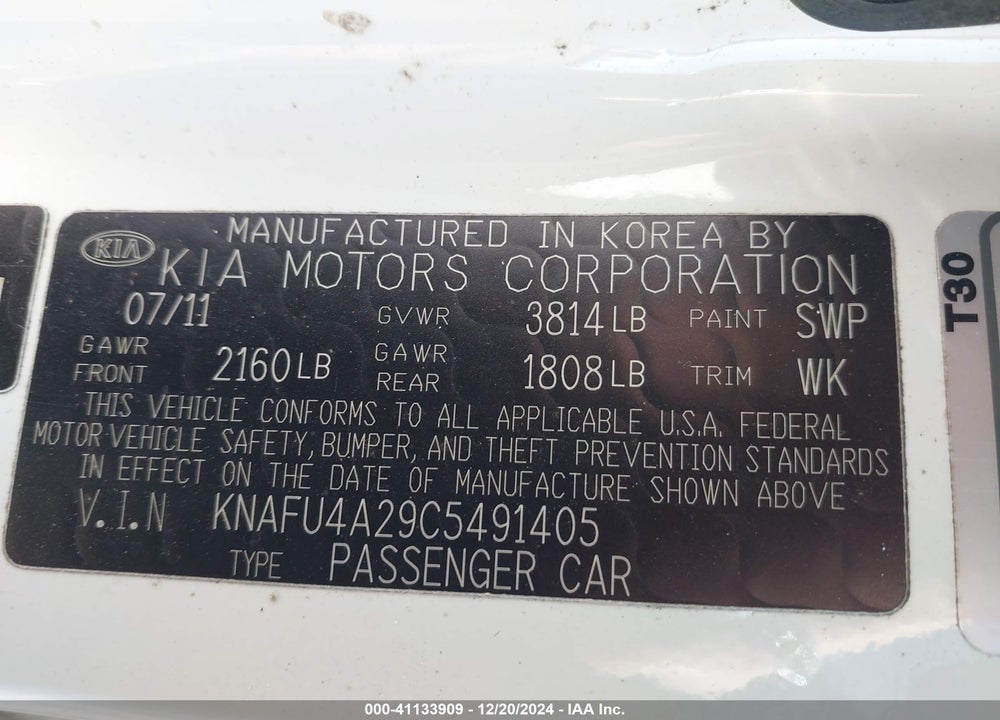 2012 KIA FORTE VIN: KNAFU4A29C5491405