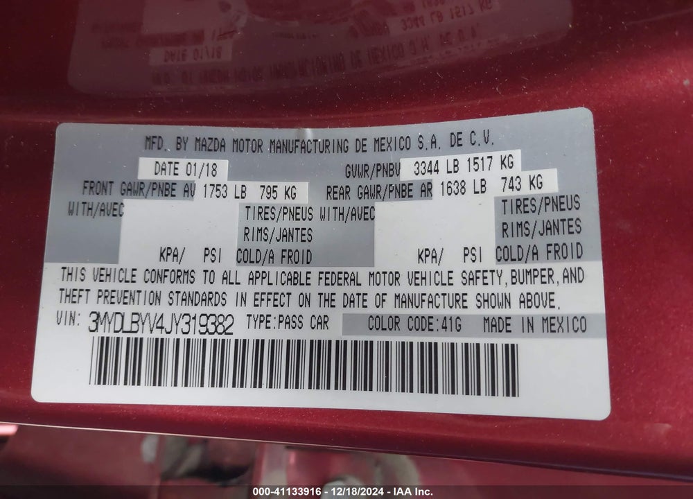 2018 TOYOTA YARIS IA VIN: 3MYDLBYV4JY319382