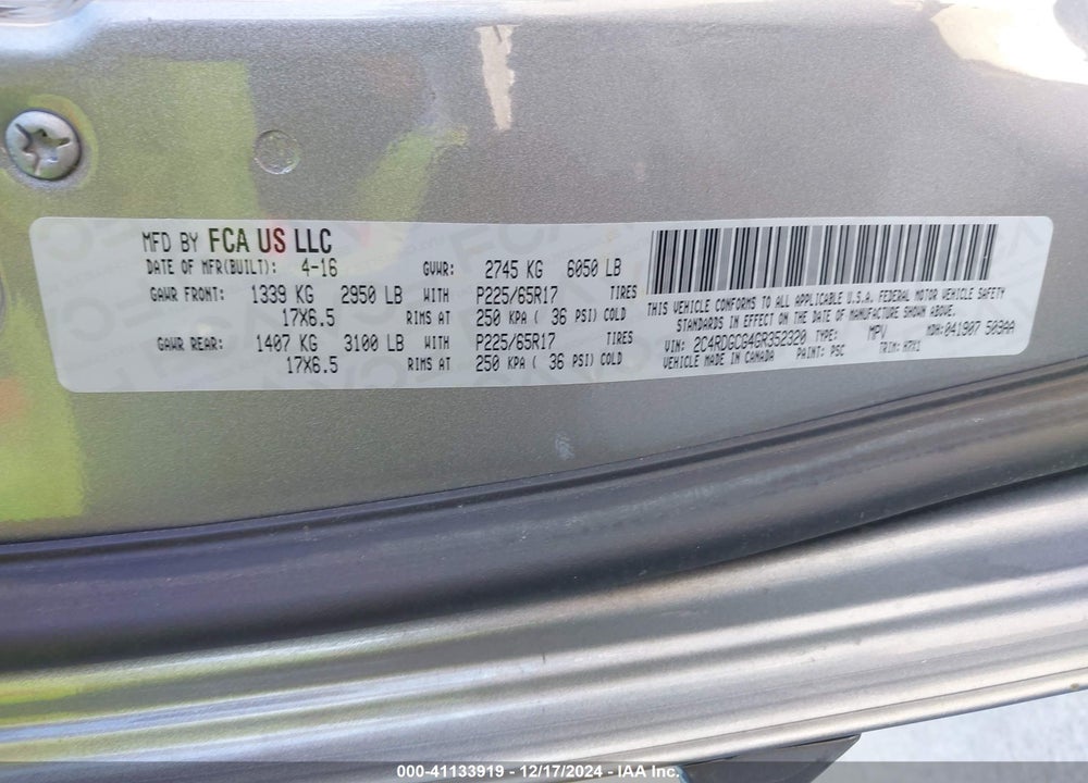 2016 DODGE GRAND CARAVAN SXT VIN: 2C4RDGCG4GR352320