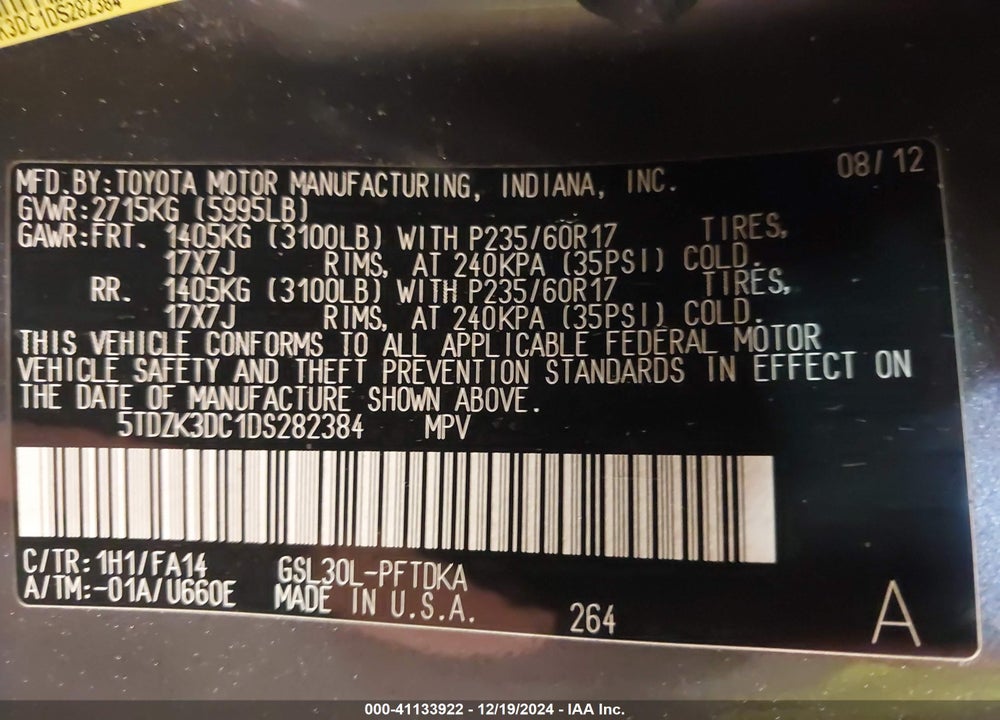 2013 TOYOTA SIENNA L V6 7 PASSENGER VIN: 5TDZK3DC1DS282384
