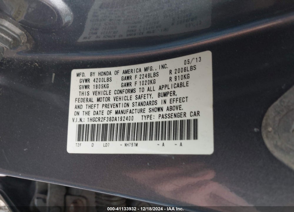 2013 HONDA ACCORD LX VIN: 1HGCR2F36DA192400