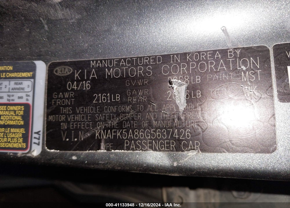 2016 KIA FORTE LX VIN: KNAFK5A86G5637426