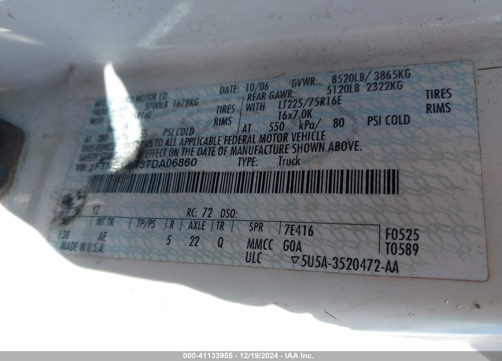 2007 FORD E 150 VIN: 1FTNE14W37DA06860