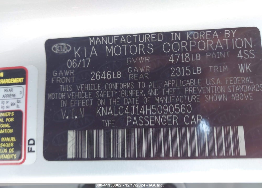 2017 KIA CADENZA PREMIUM VIN: KNALC4J14H5090560