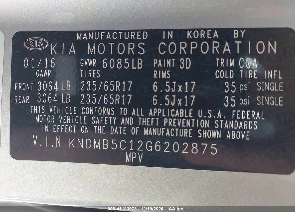 2016 KIA SEDONA LX VIN: KNDMB5C12G6202875