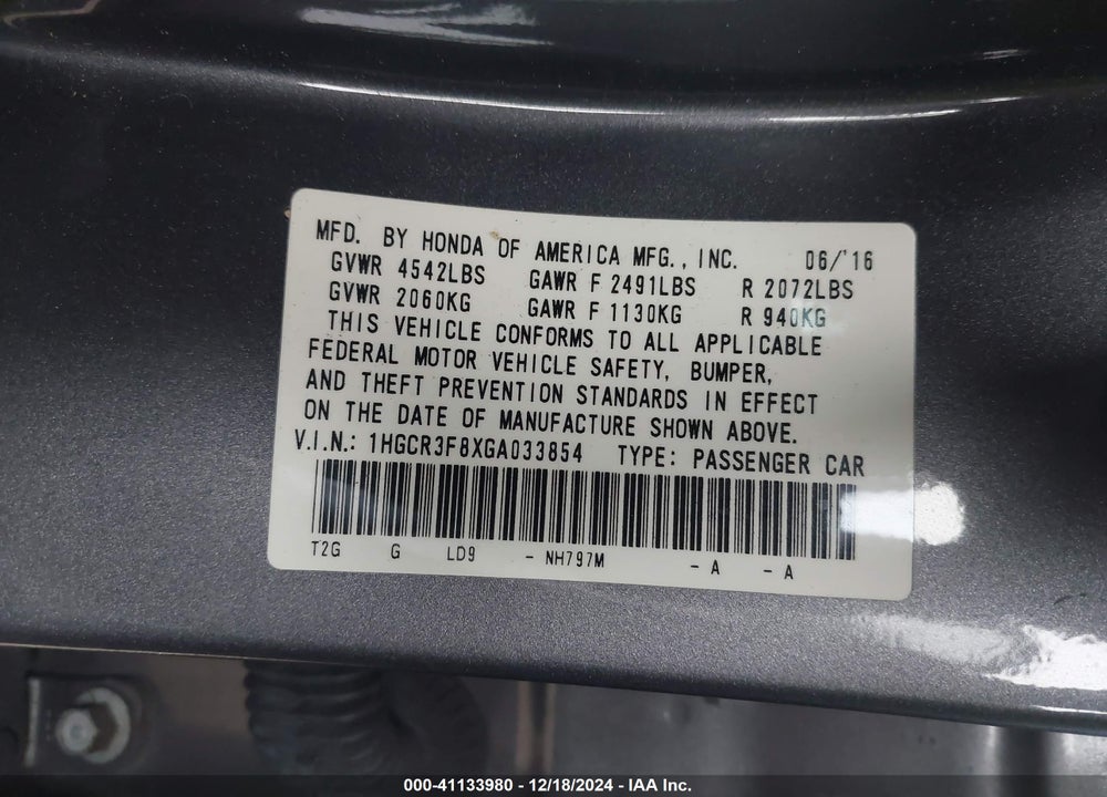 2016 HONDA ACCORD EX-L V-6 VIN: 1HGCR3F8XGA033854