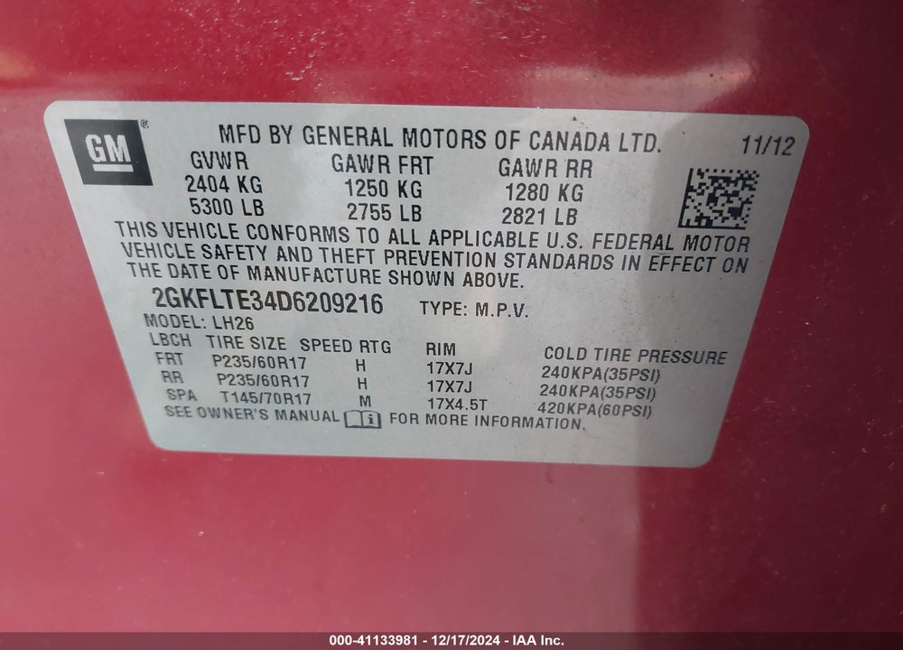 2013 GMC TERRAIN SLE-2 VIN: 2GKFLTE34D6209216
