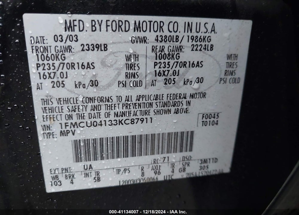 2003 FORD ESCAPE LIMITED VIN: 1FMCU04133KC87911