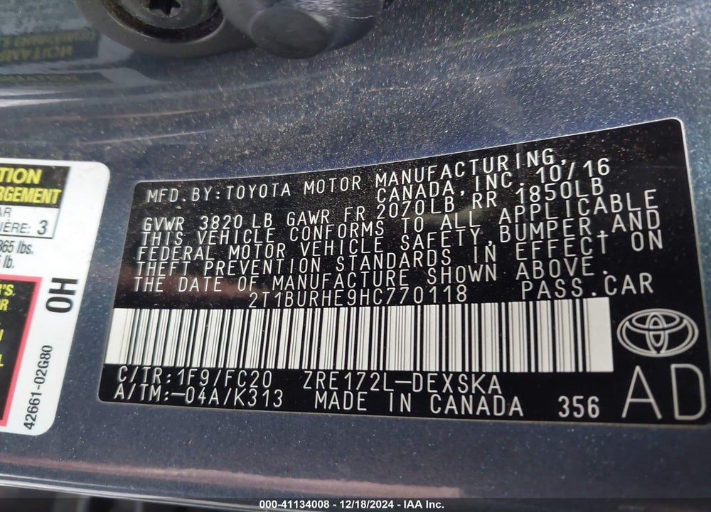 2017 TOYOTA COROLLA L/LE/XLE/SE/XSE VIN: 2T1BURHE9HC770118