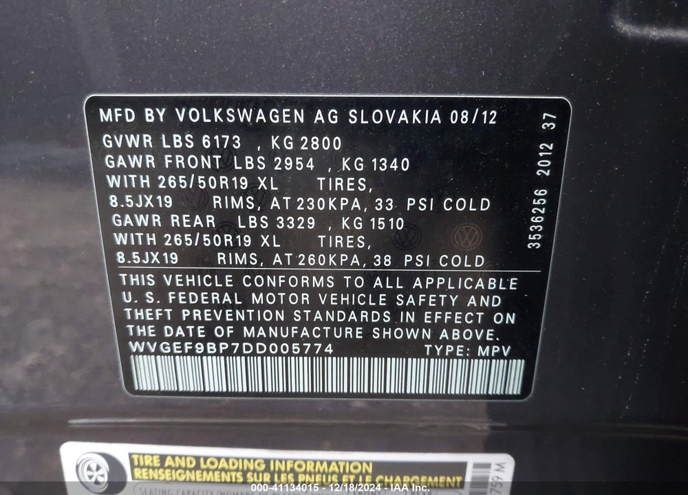 2013 VOLKSWAGEN TOUAREG VR6 LUX VIN: WVGEF9BP7DD005774